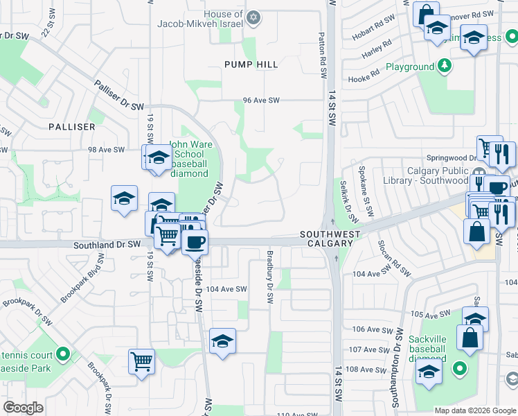 map of restaurants, bars, coffee shops, grocery stores, and more near 119 Pump Hill Bay Southwest in Calgary