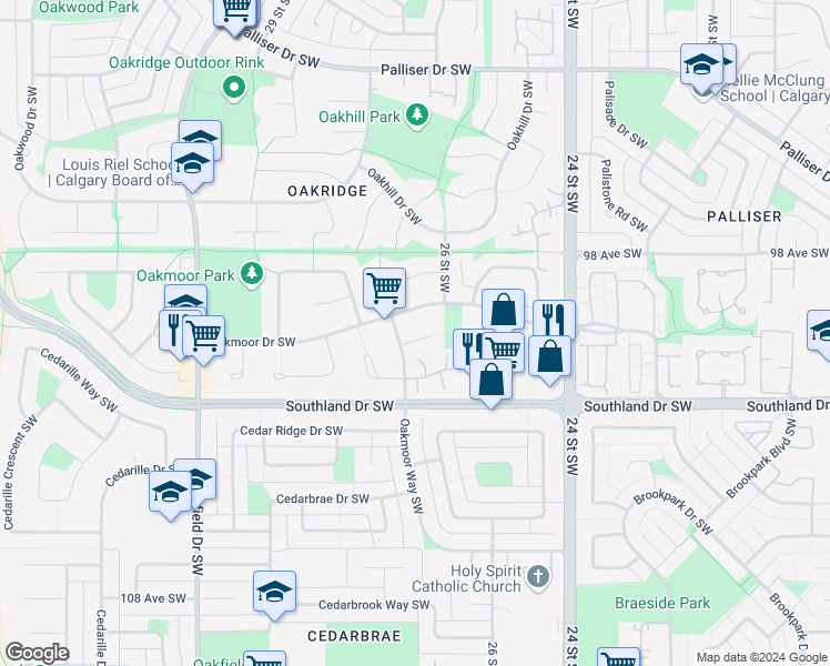 map of restaurants, bars, coffee shops, grocery stores, and more near 12 Oakvale Place Southwest in Calgary