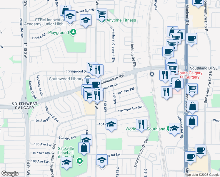 map of restaurants, bars, coffee shops, grocery stores, and more near 807 Seattle Drive Southwest in Calgary