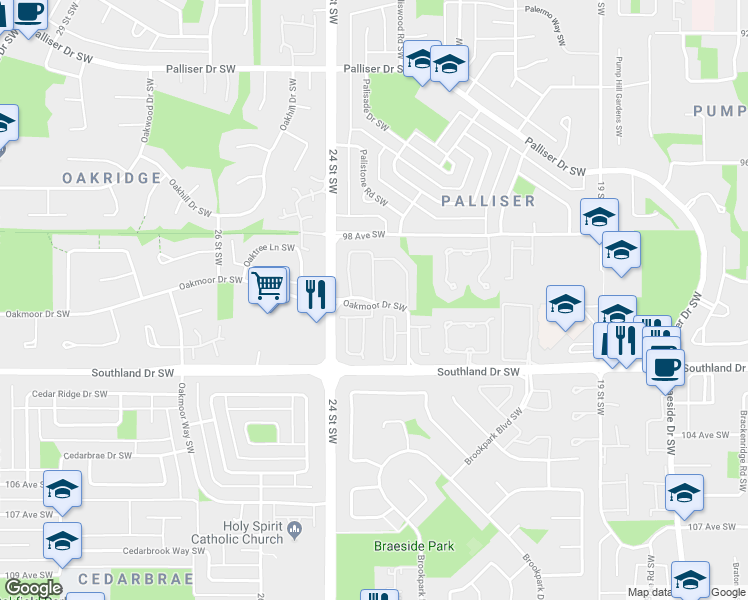 map of restaurants, bars, coffee shops, grocery stores, and more near in Calgary