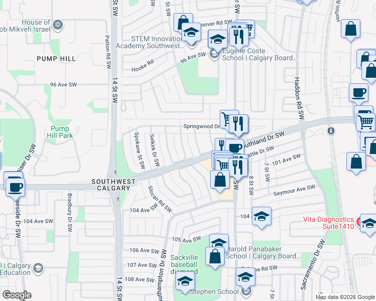 map of restaurants, bars, coffee shops, grocery stores, and more near 71 Sussex Crescent Southwest in Calgary