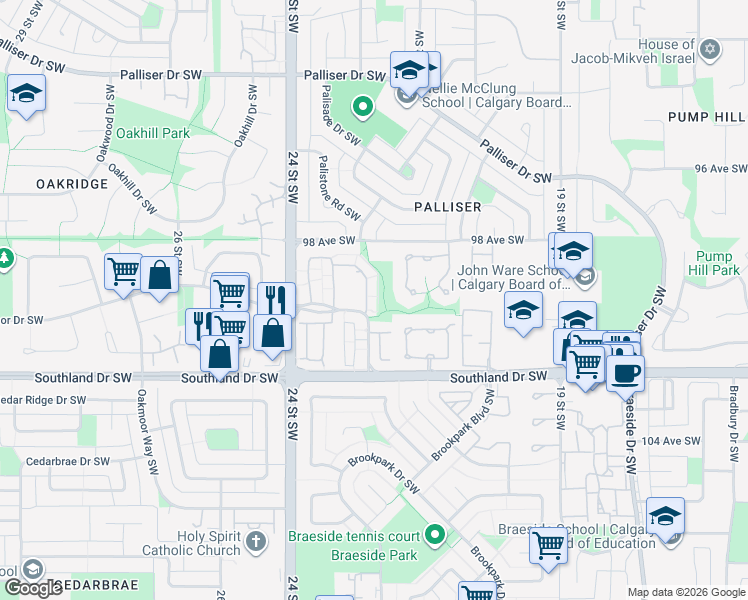 map of restaurants, bars, coffee shops, grocery stores, and more near 2300 Oakmoor Drive Southwest in Calgary