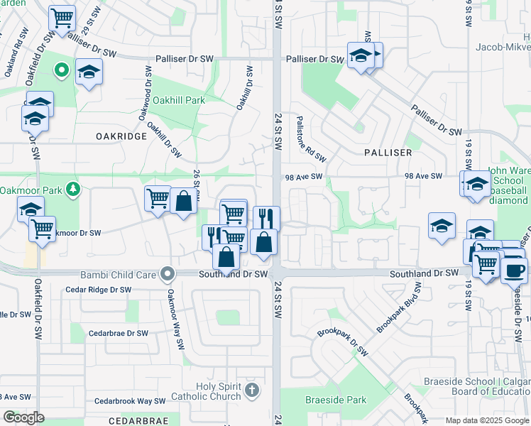 map of restaurants, bars, coffee shops, grocery stores, and more near 103 Oaktree Lane Southwest in Calgary