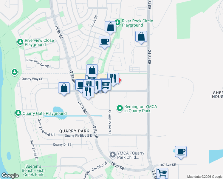 map of restaurants, bars, coffee shops, grocery stores, and more near 120 Quarry Park Boulevard in Calgary