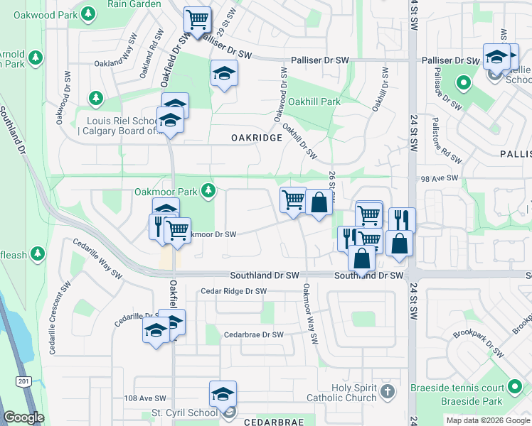 map of restaurants, bars, coffee shops, grocery stores, and more near 4 Oakview Place Southwest in Calgary