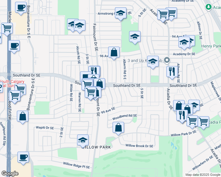 map of restaurants, bars, coffee shops, grocery stores, and more near 426 Woodland Crescent Southeast in Calgary
