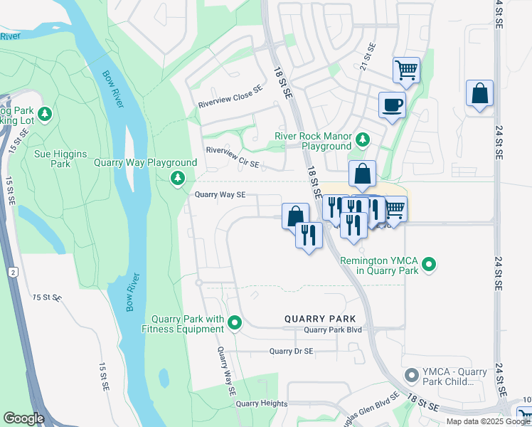 map of restaurants, bars, coffee shops, grocery stores, and more near 232 Quarry Park Boulevard Southeast in Calgary