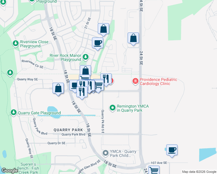 map of restaurants, bars, coffee shops, grocery stores, and more near 109 Quarry Park Blvd SE in Calgary