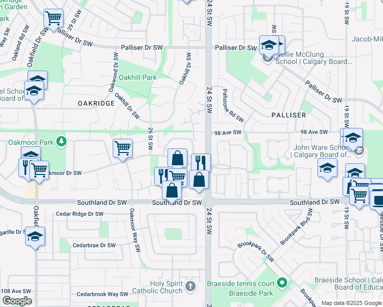 map of restaurants, bars, coffee shops, grocery stores, and more near 103 Oaktree Lane Southwest in Calgary