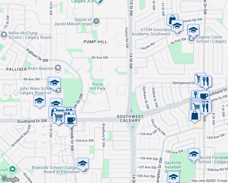 map of restaurants, bars, coffee shops, grocery stores, and more near 9948 Patton Road Southwest in Calgary
