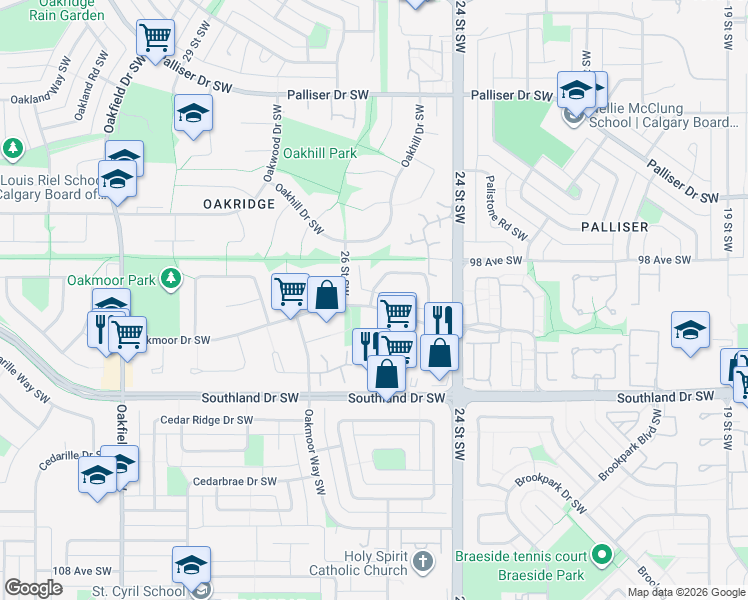 map of restaurants, bars, coffee shops, grocery stores, and more near 2648 Oakmoor Drive Southwest in Calgary