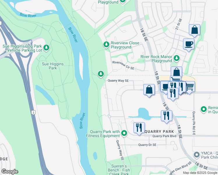 map of restaurants, bars, coffee shops, grocery stores, and more near 10 Quarry Point in Calgary