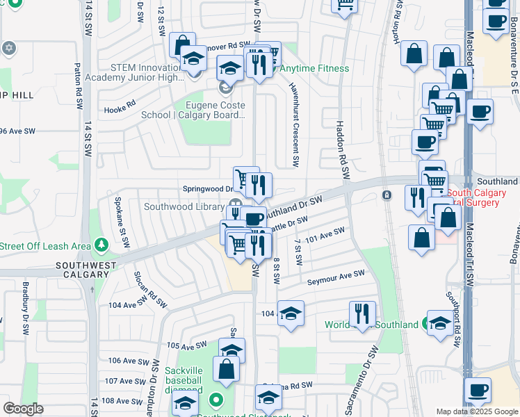 map of restaurants, bars, coffee shops, grocery stores, and more near 13 Southland Crescent Southwest in Calgary