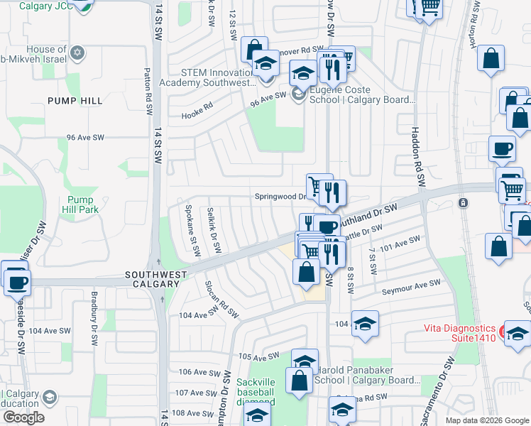 map of restaurants, bars, coffee shops, grocery stores, and more near 71 Sussex Crescent Southwest in Calgary