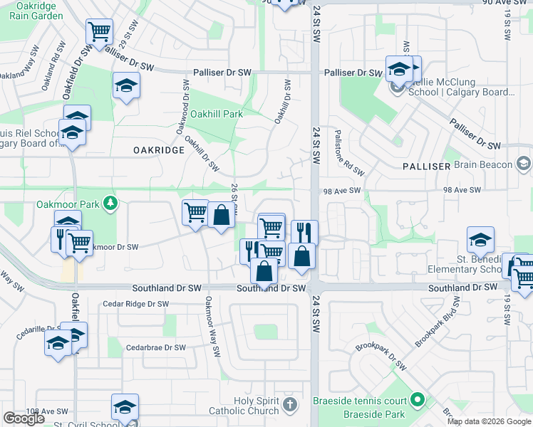 map of restaurants, bars, coffee shops, grocery stores, and more near 2648 Oakmoor Drive Southwest in Calgary