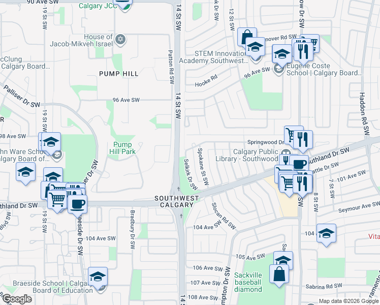 map of restaurants, bars, coffee shops, grocery stores, and more near 136 Selkirk Drive Southwest in Calgary