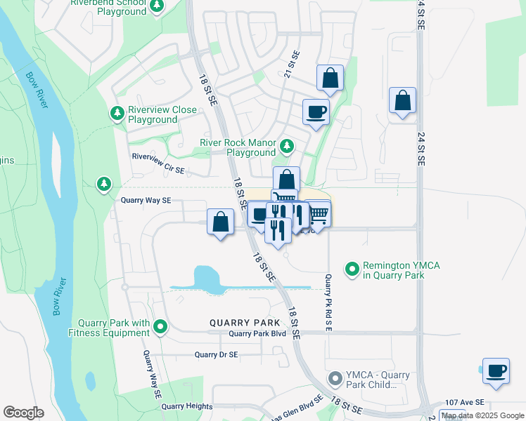 map of restaurants, bars, coffee shops, grocery stores, and more near 180 Quarry Park Boulevard in Calgary