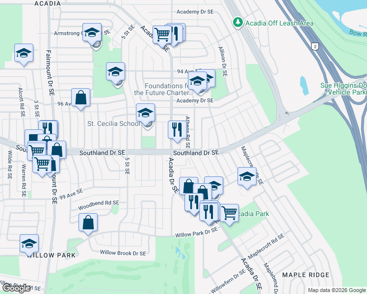 map of restaurants, bars, coffee shops, grocery stores, and more near in Calgary