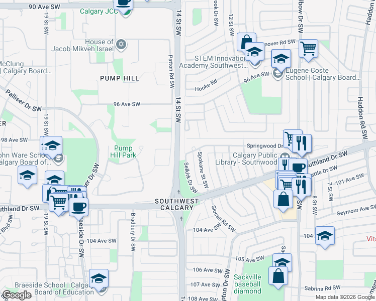 map of restaurants, bars, coffee shops, grocery stores, and more near 136 Selkirk Drive Southwest in Calgary