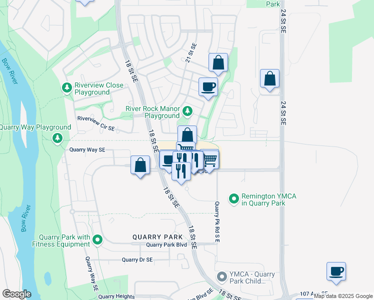map of restaurants, bars, coffee shops, grocery stores, and more near 180 Quarry Park Boulevard in Calgary