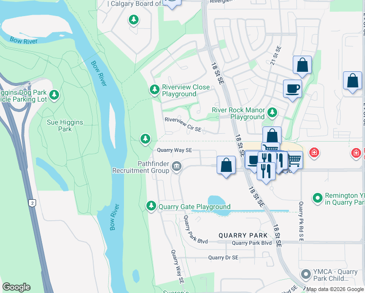 map of restaurants, bars, coffee shops, grocery stores, and more near 39 Quarry Way Southeast in Calgary