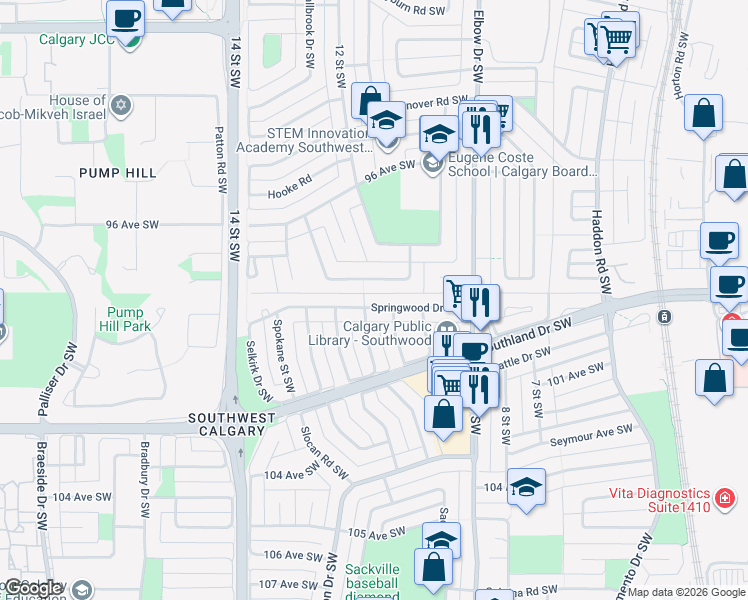 map of restaurants, bars, coffee shops, grocery stores, and more near 35 Hillgrove Drive Southwest in Calgary
