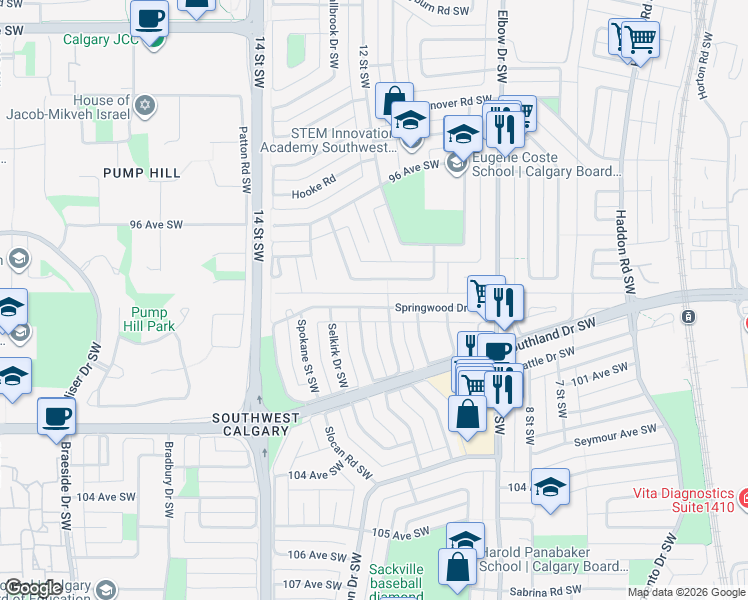 map of restaurants, bars, coffee shops, grocery stores, and more near 59 Hillgrove Drive Southwest in Calgary