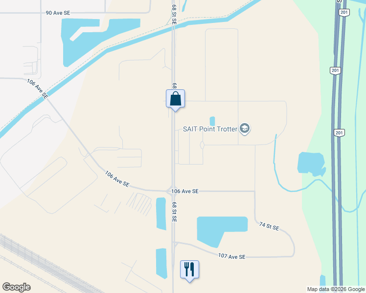 map of restaurants, bars, coffee shops, grocery stores, and more near 9840 70 Street Southeast in Calgary