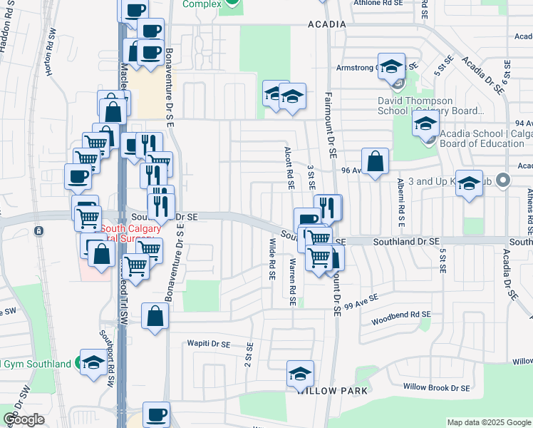 map of restaurants, bars, coffee shops, grocery stores, and more near 9831 Avalon Road Southeast in Calgary