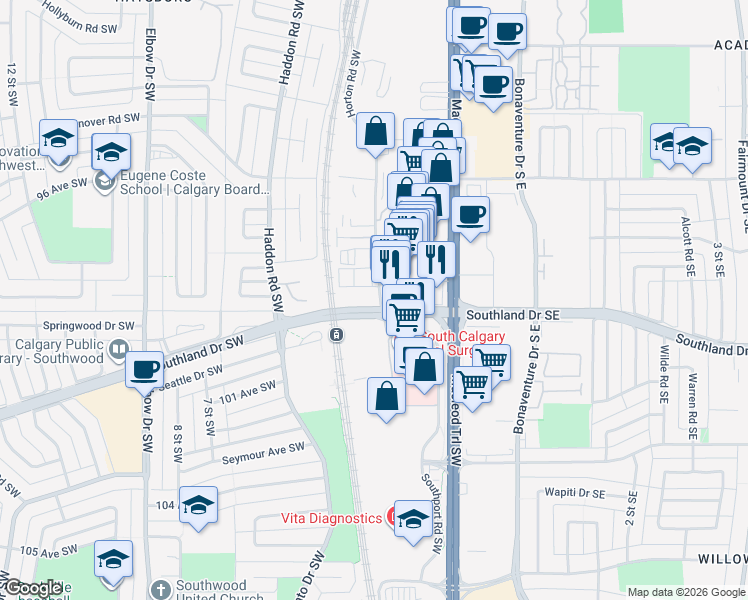 map of restaurants, bars, coffee shops, grocery stores, and more near 9737 Macleod Trail Southwest in Calgary