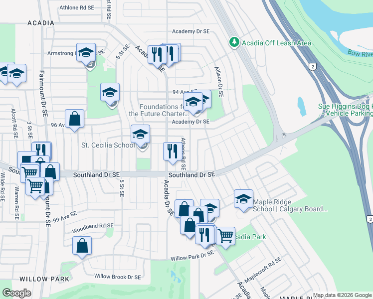 map of restaurants, bars, coffee shops, grocery stores, and more near 9848 Athens Road Southeast in Calgary