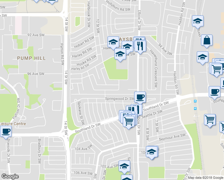 map of restaurants, bars, coffee shops, grocery stores, and more near 35 Hillgrove Drive Southwest in Calgary