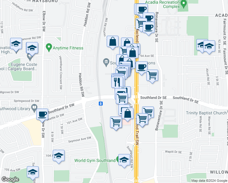 map of restaurants, bars, coffee shops, grocery stores, and more near 9825 Horton Road Southwest in Calgary