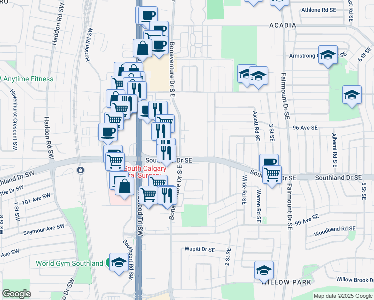 map of restaurants, bars, coffee shops, grocery stores, and more near 9790 Bonaventure Drive Southeast in Calgary
