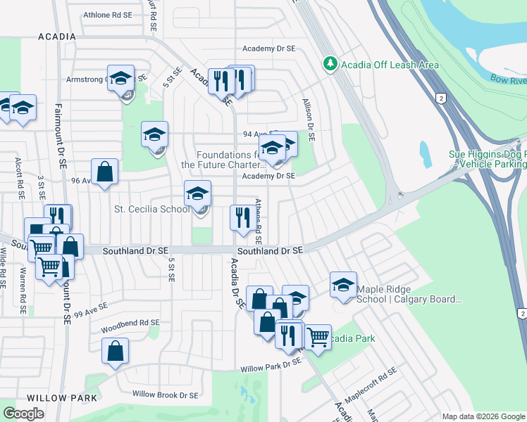 map of restaurants, bars, coffee shops, grocery stores, and more near 9848 Athens Road Southeast in Calgary