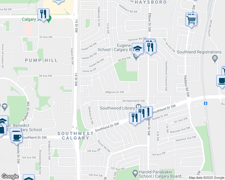 map of restaurants, bars, coffee shops, grocery stores, and more near 59 Hillgrove Drive Southwest in Calgary