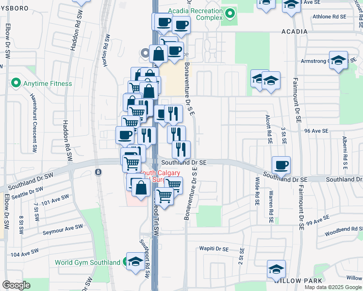 map of restaurants, bars, coffee shops, grocery stores, and more near 9650 Macleod Trail in Calgary