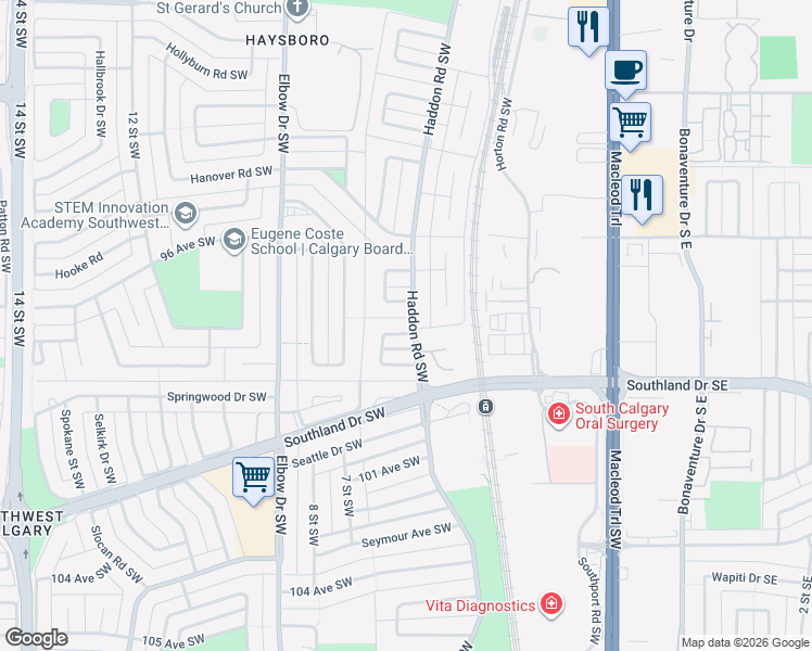 map of restaurants, bars, coffee shops, grocery stores, and more near 306 Haddon Road Southwest in Calgary
