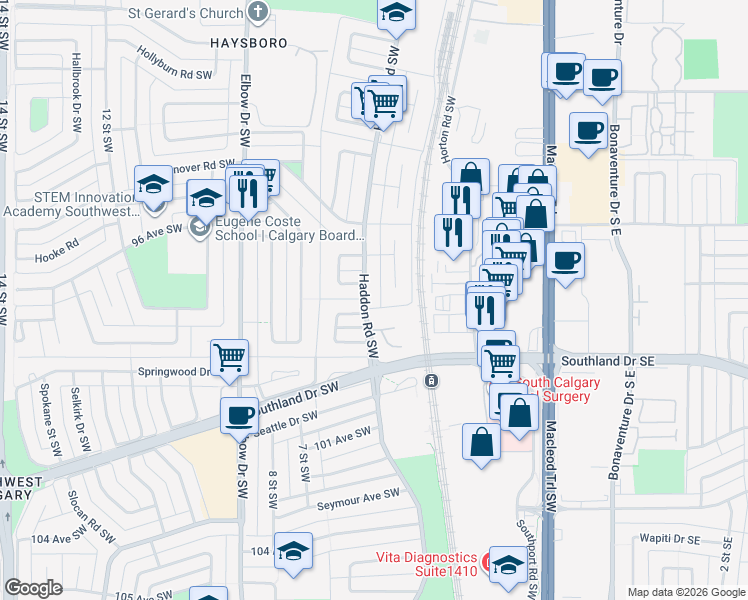 map of restaurants, bars, coffee shops, grocery stores, and more near 306 Haddon Road Southwest in Calgary