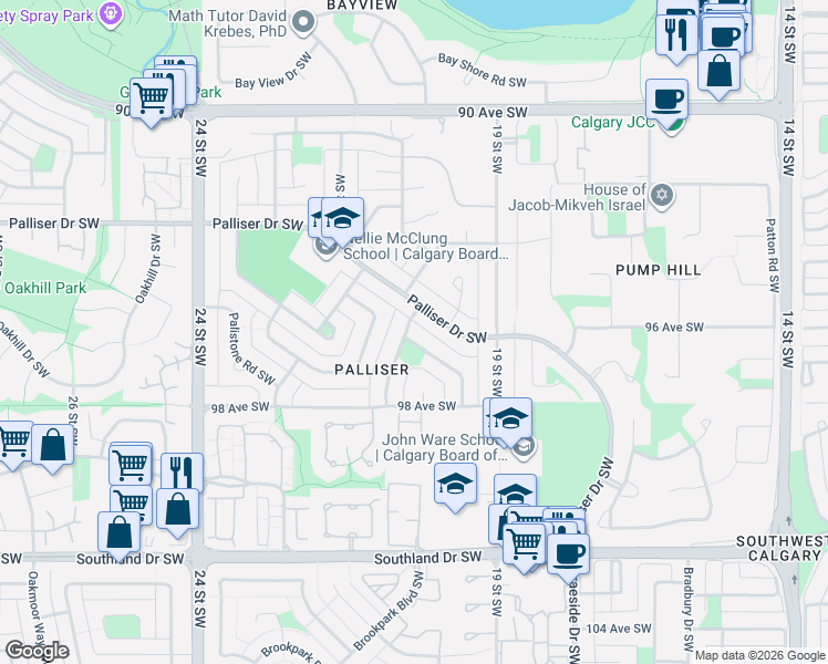 map of restaurants, bars, coffee shops, grocery stores, and more near 2136 Palisdale Road Southwest in Calgary