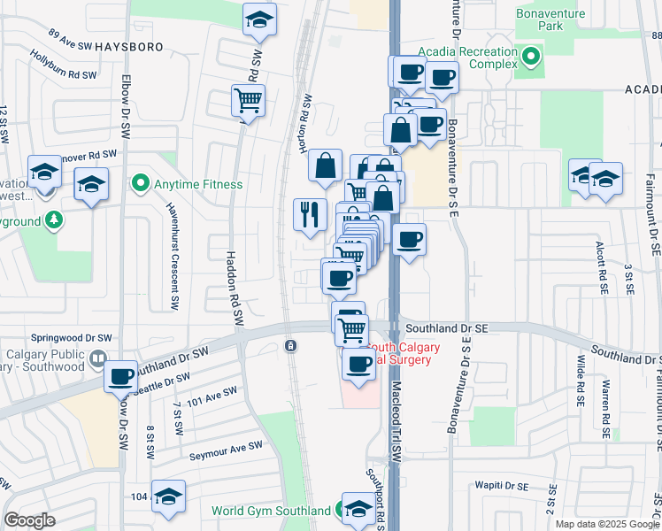 map of restaurants, bars, coffee shops, grocery stores, and more near in Calgary
