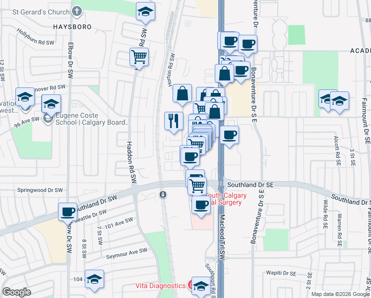 map of restaurants, bars, coffee shops, grocery stores, and more near in Calgary