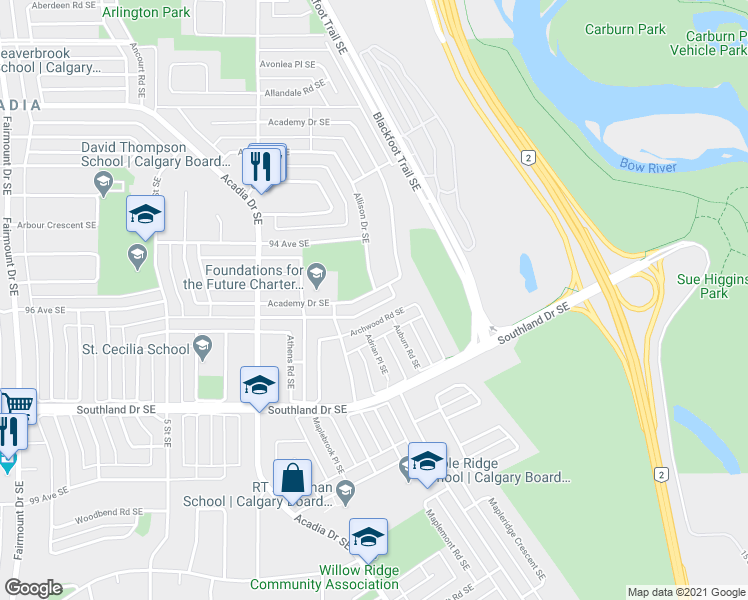 map of restaurants, bars, coffee shops, grocery stores, and more near 9616 Academy Drive Southeast in Calgary
