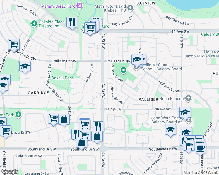 map of restaurants, bars, coffee shops, grocery stores, and more near 9811 Palistone Road Southwest in Calgary