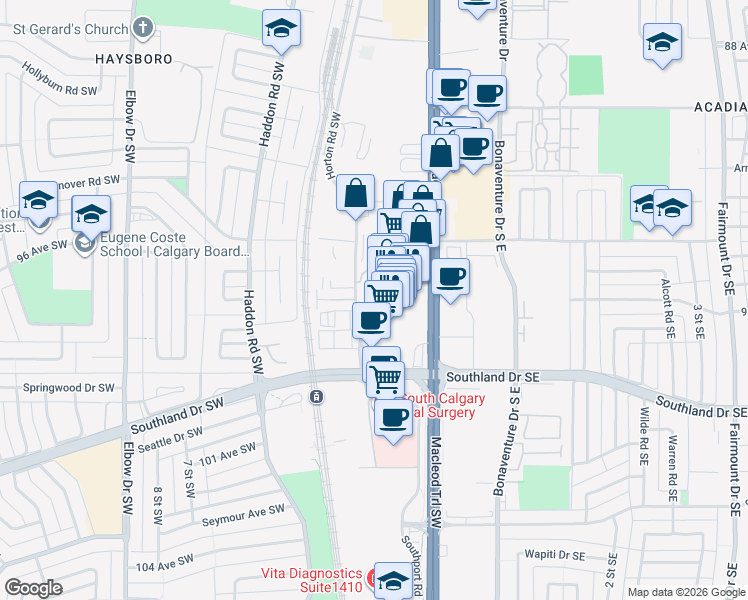 map of restaurants, bars, coffee shops, grocery stores, and more near 9737 Macleod Trail in Calgary