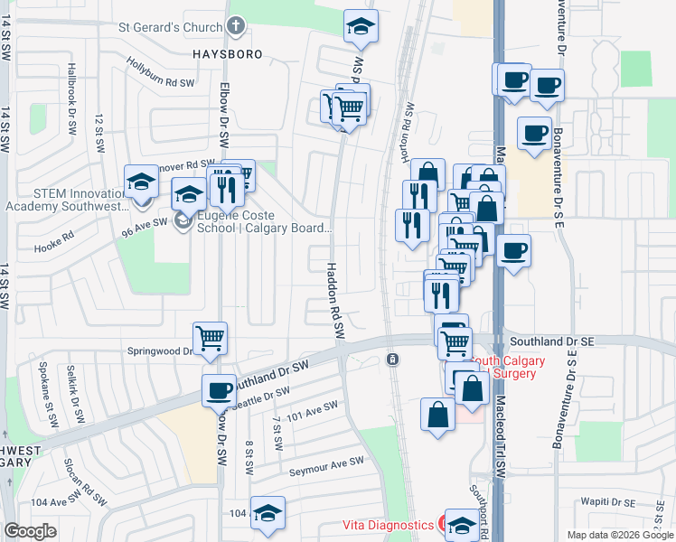 map of restaurants, bars, coffee shops, grocery stores, and more near 306 Haddon Road Southwest in Calgary
