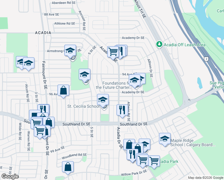 map of restaurants, bars, coffee shops, grocery stores, and more near 9620 Assiniboine Road Southeast in Calgary