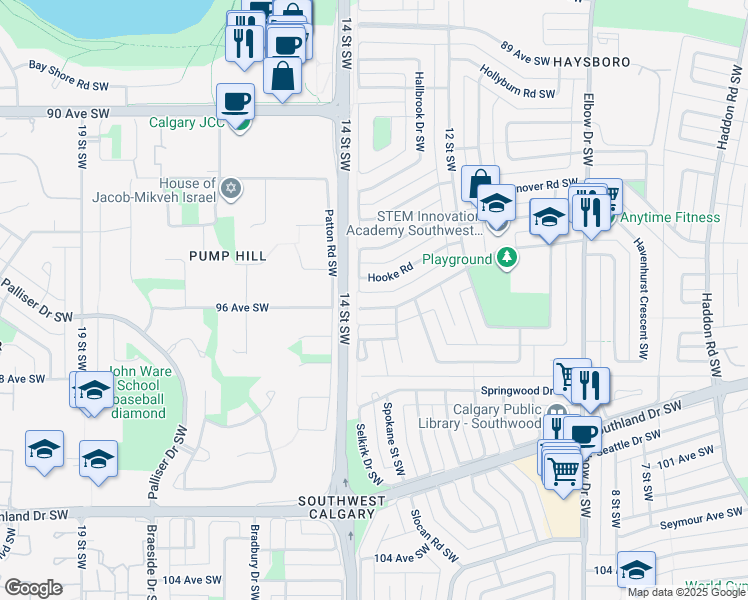 map of restaurants, bars, coffee shops, grocery stores, and more near 1428 96 Avenue Southwest in Calgary