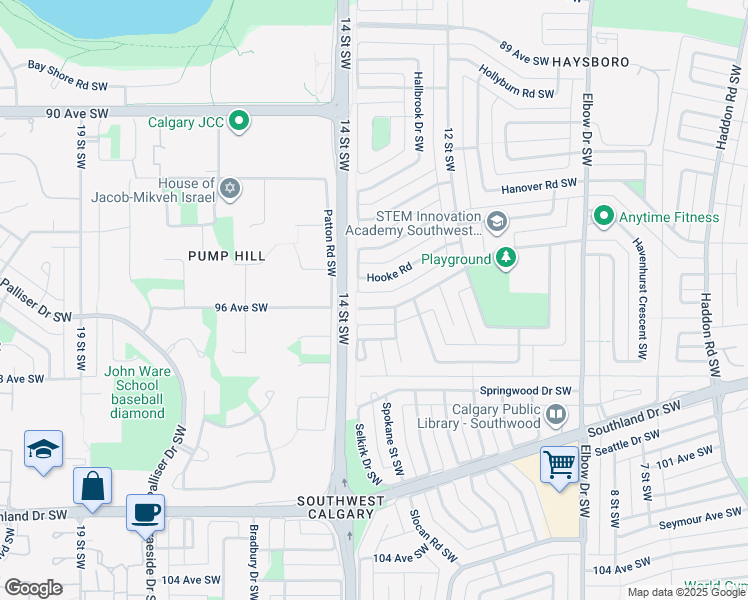 map of restaurants, bars, coffee shops, grocery stores, and more near 1428 96 Avenue Southwest in Calgary