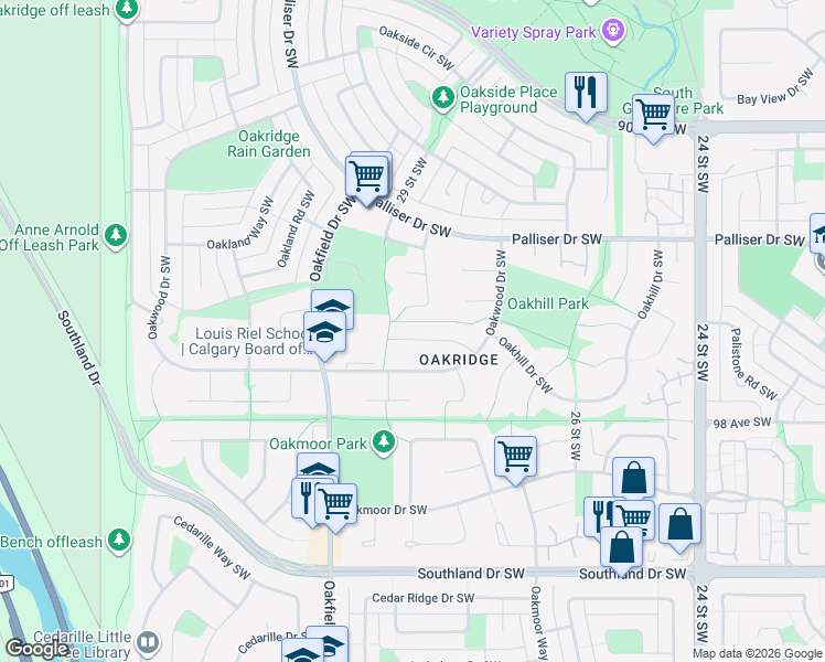 map of restaurants, bars, coffee shops, grocery stores, and more near 120 Oakwood Place Southwest in Calgary